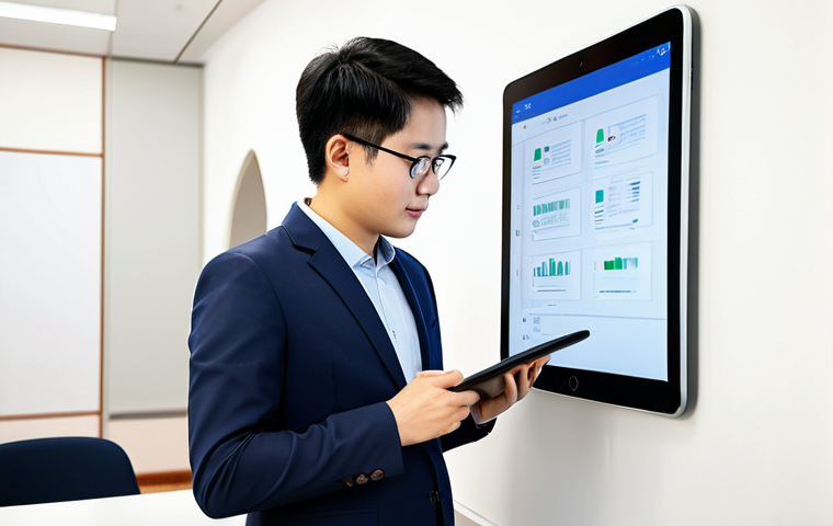 A young professional, either male or female, is deeply engaged with a tablet, focusing on its screen. They are wearing a modest, modern business-casual outfit, appropriate attire for a well-lit study environment. The tablet displays an interactive language learning application featuring unique scripts and patterns inspired by Chinese ethnic minority languages. The background is a clean, contemporary study room with a subtle decorative element suggesting cultural heritage. This image is safe for work, appropriate content, fully clothed, family-friendly. It features perfect anatomy, correct proportions, a natural pose, well-formed hands, and proper finger count, with natural body proportions, captured with professional photography and high detail.