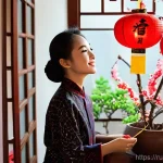 중국 춘절 설날  전통과 의식 - **Home Cleaning and Decoration**
    A cozy and beautifully adorned living room in a traditional Chi...