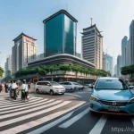 중국의 교통 규칙과 팁 - **Prompt:** A dynamic, wide-angle shot of a bustling intersection in a vibrant, modern Chinese city ...