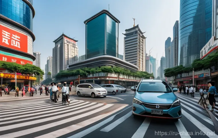 중국의 교통 규칙과 팁 - **Prompt:** A dynamic, wide-angle shot of a bustling intersection in a vibrant, modern Chinese city ...
