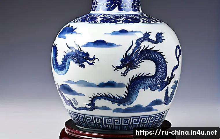 중국 전통 공예품과 의미 - A delicate Chinese porcelain vase from the Ming dynasty era, featuring intricate hand-painted dragon...