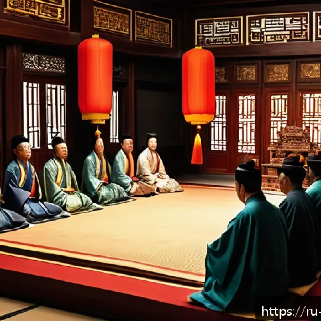 중국 한나라 역사적 사건 - A dramatic scene inside the late Han dynasty imperial court, featuring a group of nobles and eunuchs...