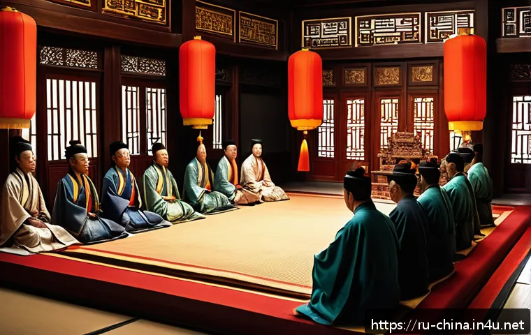 중국 한나라 역사적 사건 - A dramatic scene inside the late Han dynasty imperial court, featuring a group of nobles and eunuchs...