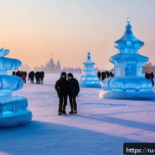 중국 하얼빈 빙등제 방문 팁 - A vibrant winter scene at the Harbin Ice Festival during early morning on a weekday, showcasing mass...