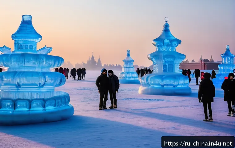 중국 하얼빈 빙등제 방문 팁 - A vibrant winter scene at the Harbin Ice Festival during early morning on a weekday, showcasing mass...