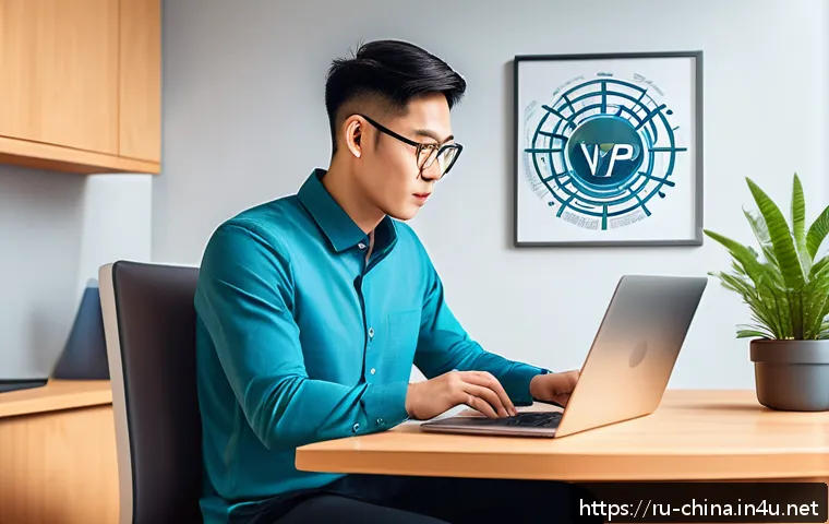 중국 인터넷 검열과 VPN 사용법 - A detailed digital illustration of a professional young man using a laptop and smartphone simultaneo...