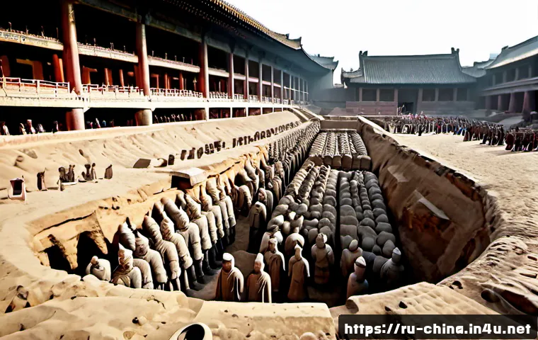 Home 17 중국 진시황과 병마용 - Photorealistic archaeological view of the Terracotta Army excavation pit in Xi’an, China, rows of li...