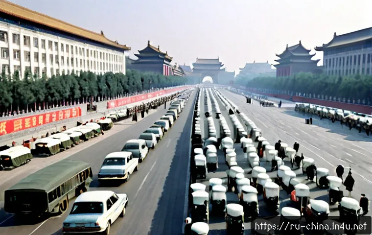중국 1989년 톈안먼 사건 - Photorealistic historical documentary scene of Beijing in 1989, a wide city boulevard viewed from a ...