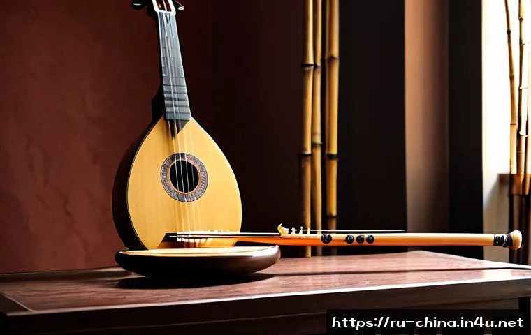 Home 17 중국 전통 음악 악기 종류 - Photorealistic museum-style still life of traditional Chinese musical instruments arranged neatly on...